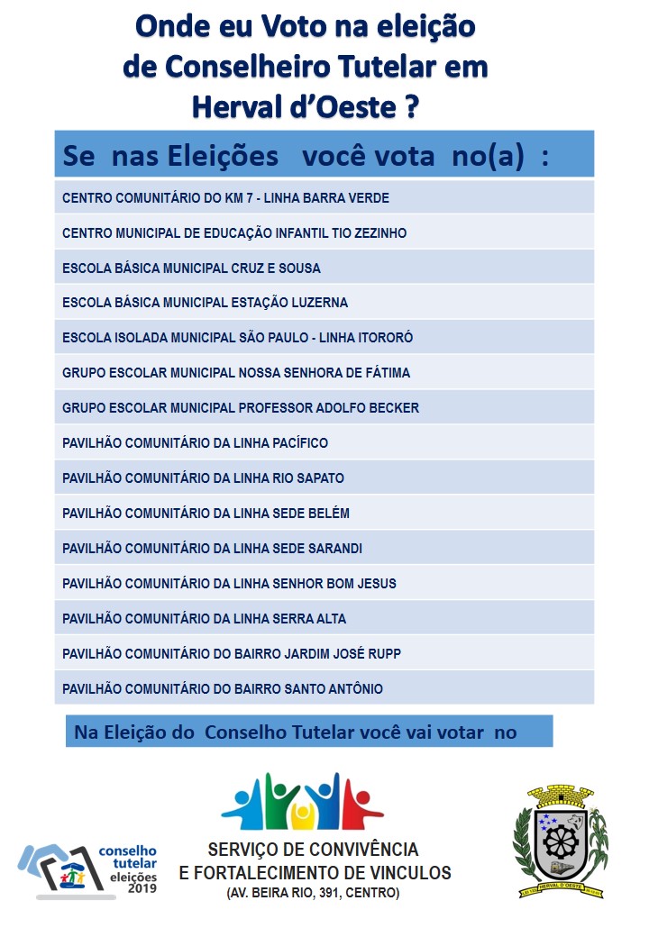 CONFIRA OS LOCAIS DE VOTAÇÃO DA ELEIÇÃO DO CONSELHO TUTELAR DE PALHOÇA 2019  - CMDCA